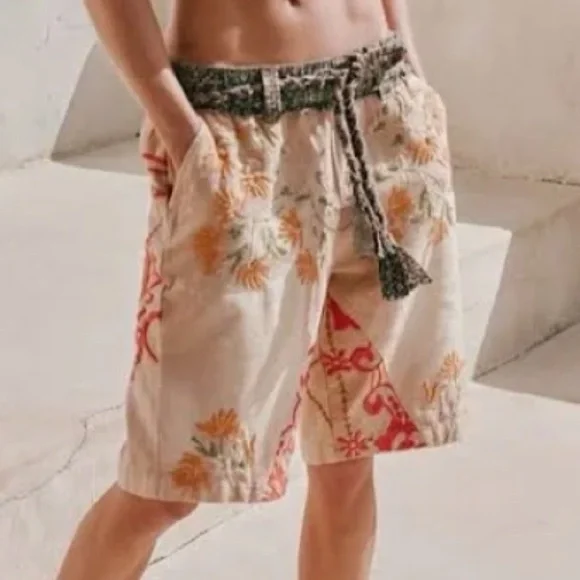 Free People Augusta Floral Embroidered Tan Braid Tie Boho Shorts - Picture 1 of 16